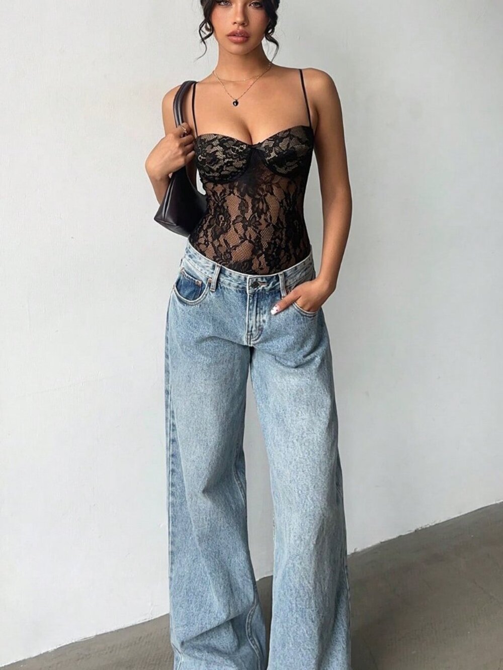 Black Sexy Women's Spaghetti Strap Sheer Fitted Lace Bodysuit - Picture 7 of 8